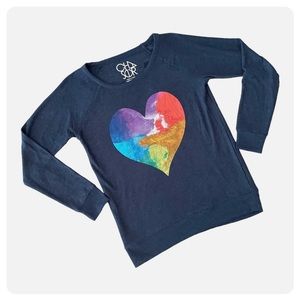 Chaser Women’s Blue Rainbow Heart Pullover Long Sleeve Sweater. NWT
